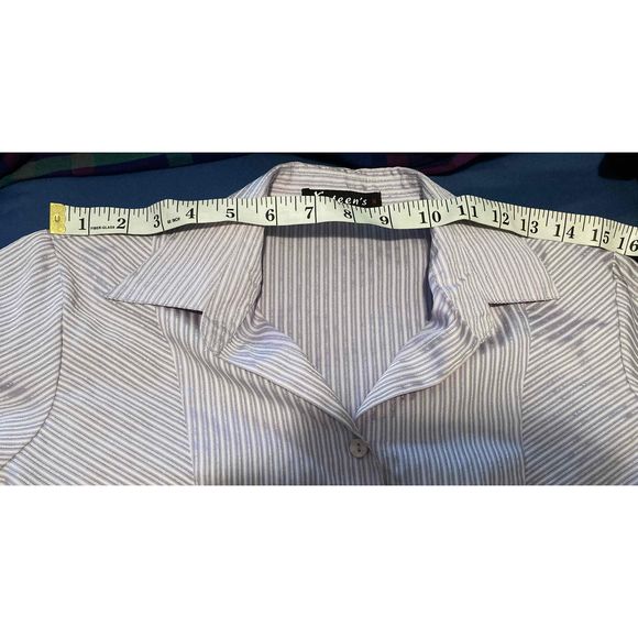 X-teen’s Shirt Women Sz M Purple Button Up Short Cap Sleeve Pin Stripe Nice Cut - Picture 10 of 12